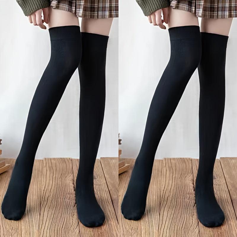 2 Pairs Solid Thigh High Socks Women's Stockings & Hosiery