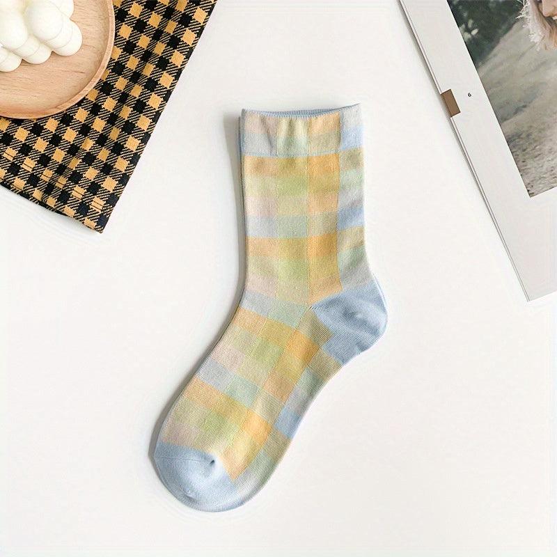 Plaid Print Crew Socks Retro Style Mid Tube Stockings