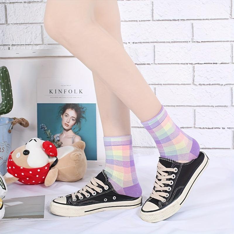 Plaid Print Crew Socks Retro Style Mid Tube Stockings