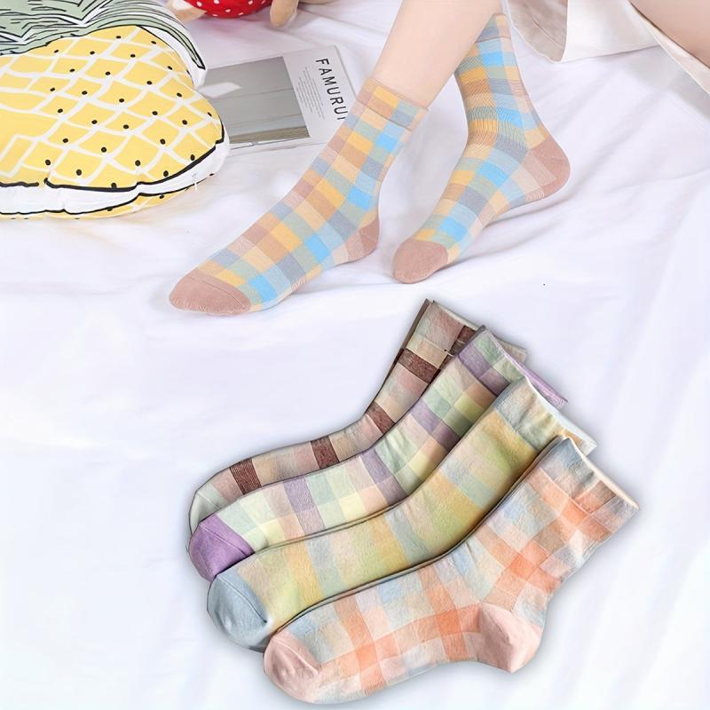 Plaid Print Crew Socks Retro Style Mid Tube Stockings