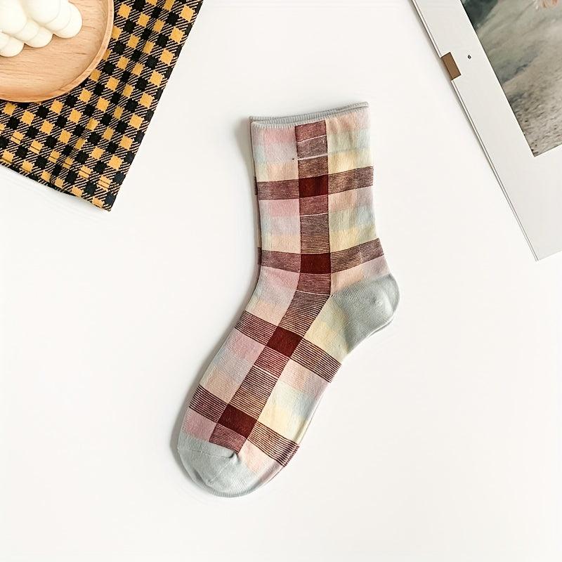 Plaid Print Crew Socks Retro Style Mid Tube Stockings