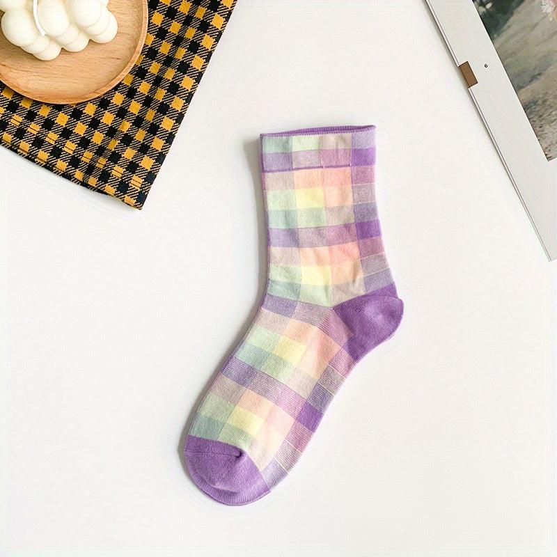 Plaid Print Crew Socks Retro Style Mid Tube Stockings