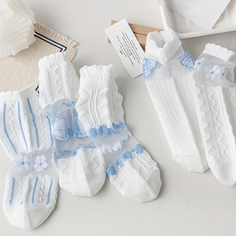 5 Pairs Colorblock Print Textured Short Socks Women's Ankle Stockings