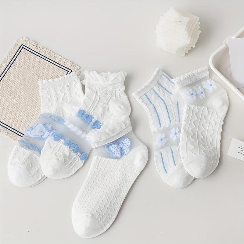 5 Pairs Colorblock Print Textured Short Socks Women's Ankle Stockings