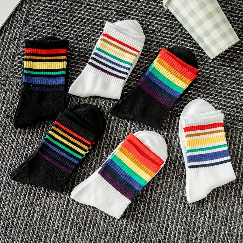 6 Pairs Rainbow Striped Socks Women's Stockings & Hosiery