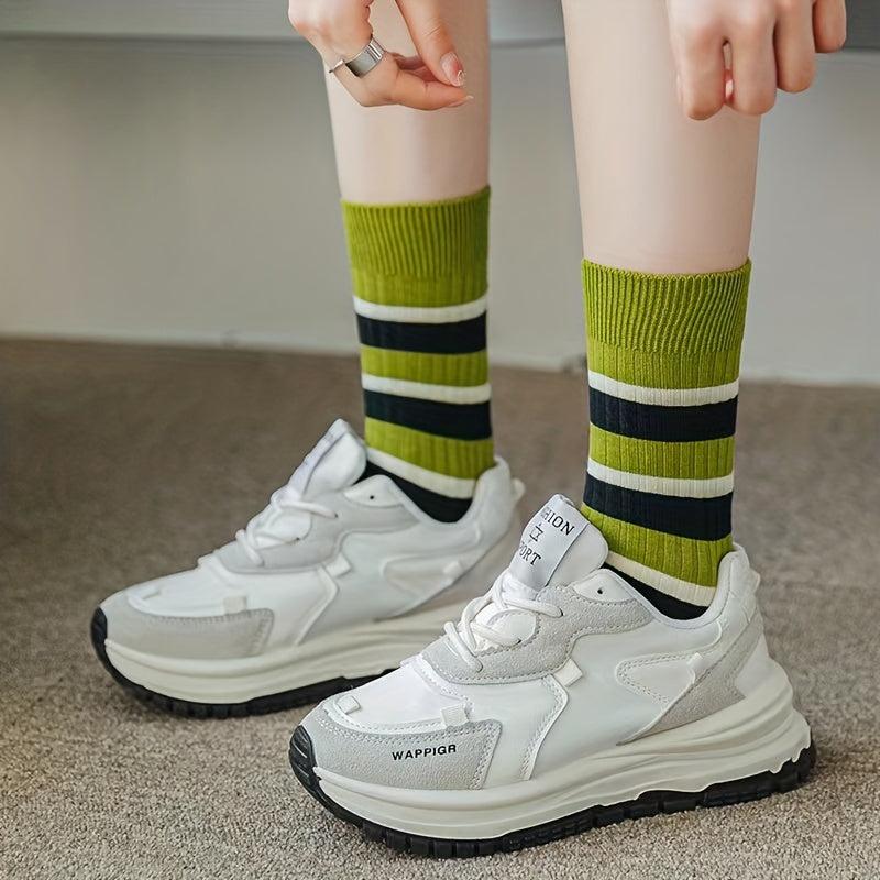 3 Pairs Striped Colorblock Socks Breathable Women's Mid Tube Stockings