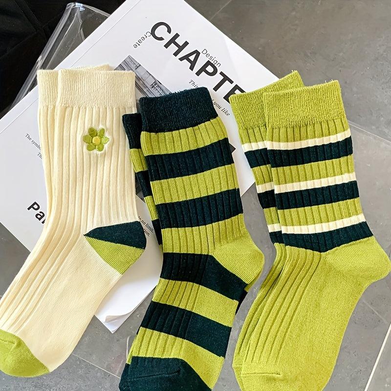 3 Pairs Striped Colorblock Socks Breathable Women's Mid Tube Stockings