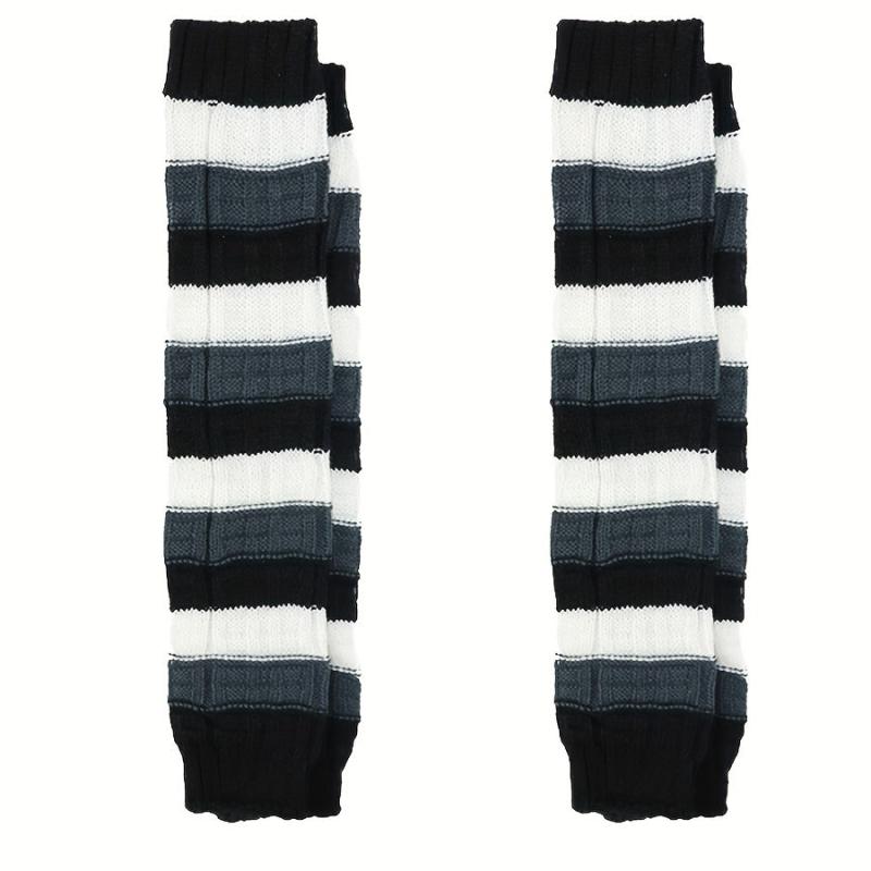 2 Pairs Striped Knitted Leg Warmers Colorblock Knee High Socks