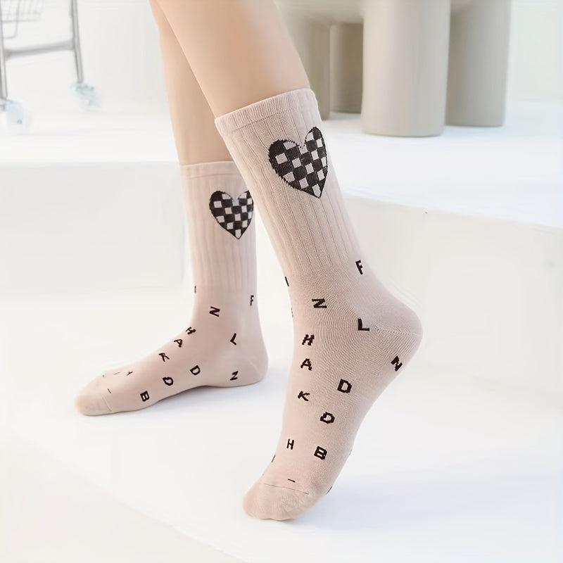 5 Pairs Heart & Letter Print Socks Women's Stockings Mid Tube Socks