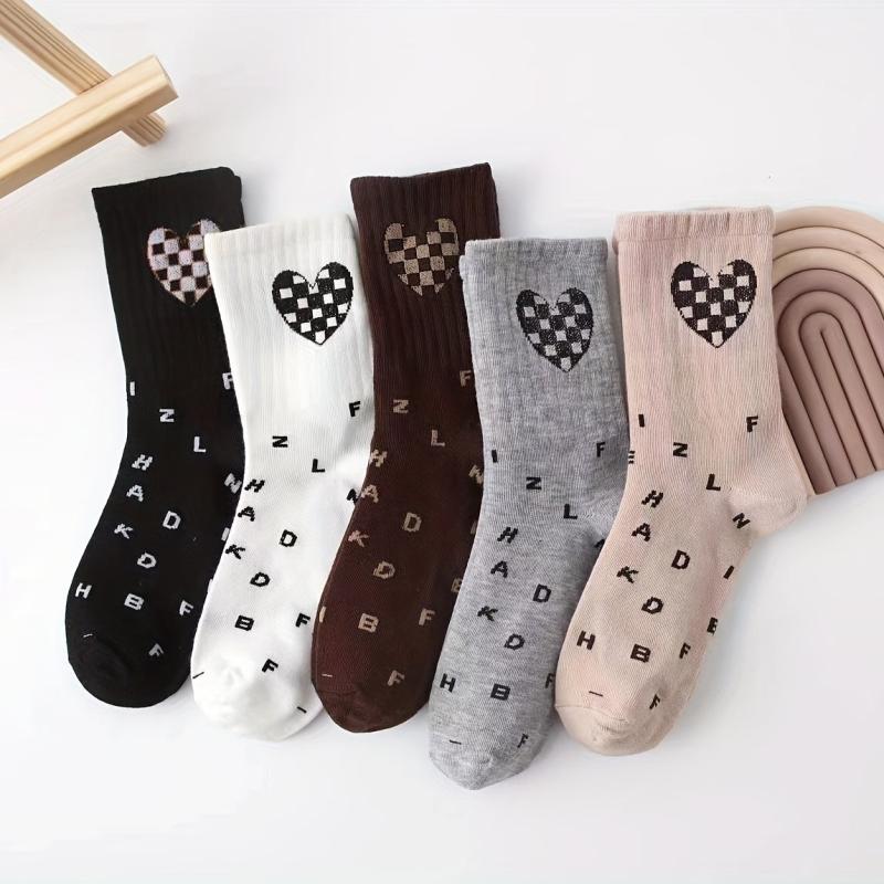 5 Pairs Heart & Letter Print Socks Women's Stockings Mid Tube Socks