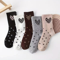 5 Pairs Heart & Letter Print Socks Women's Stockings Mid Tube Socks