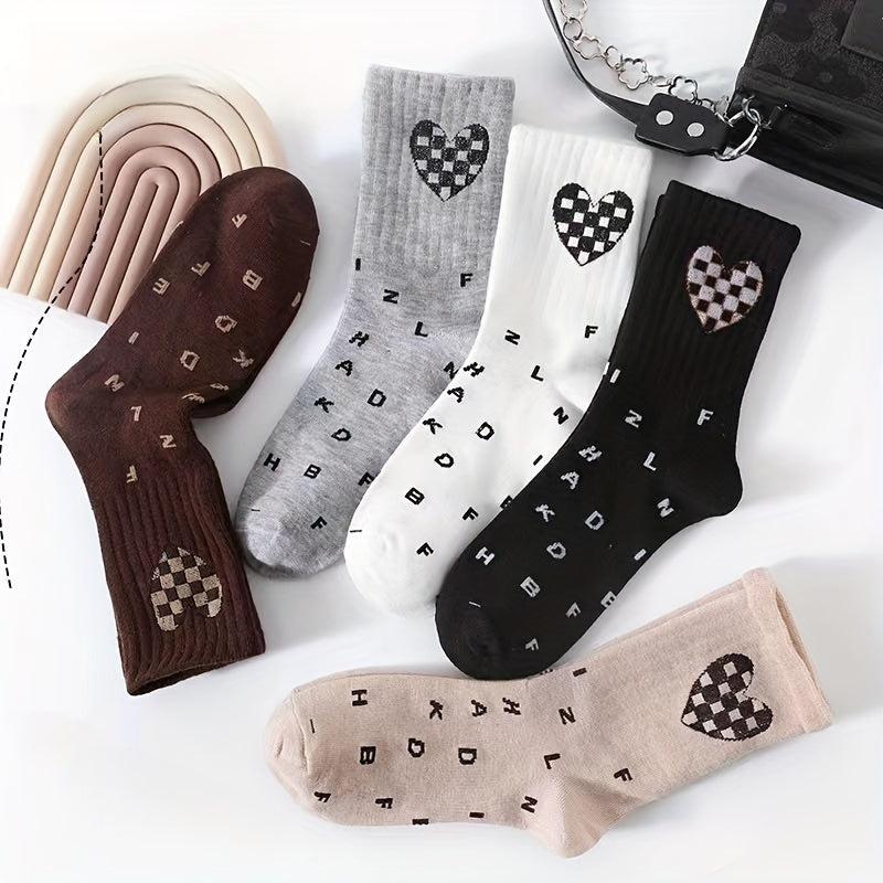 5 Pairs Heart & Letter Print Socks Women's Stockings Mid Tube Socks