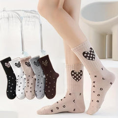 5 Pairs Heart & Letter Print Socks Women's Stockings Mid Tube Socks