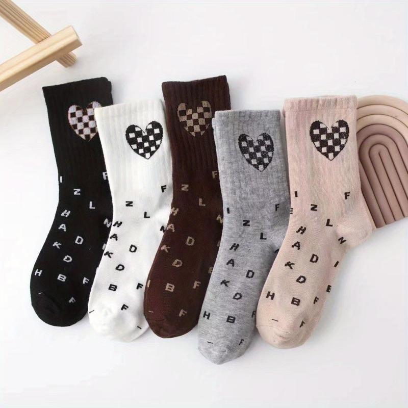 5 Pairs Heart & Letter Print Socks Women's Stockings Mid Tube Socks