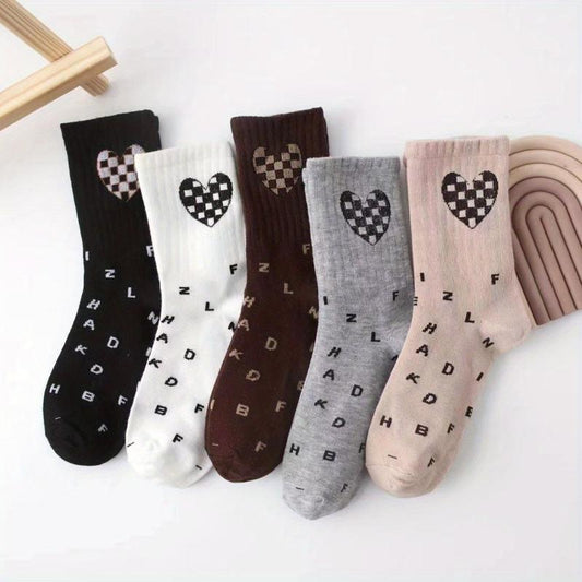 5 Pairs Heart & Letter Print Socks Women's Stockings Mid Tube Socks