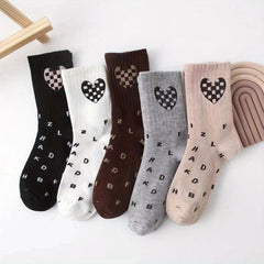 5 Pairs Heart & Letter Print Socks Women's Stockings Mid Tube Socks