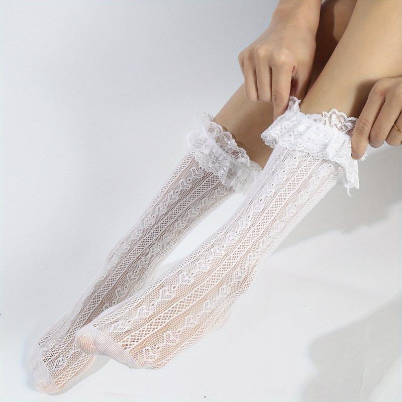 Heart Pattern Calf Socks Ruffle Mesh Knee High Stockings