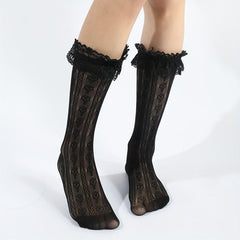 Heart Pattern Calf Socks Ruffle Mesh Knee High Stockings