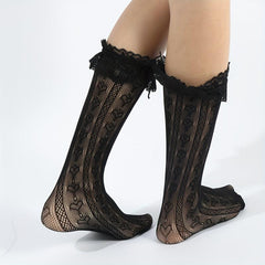 Heart Pattern Calf Socks Ruffle Mesh Knee High Stockings