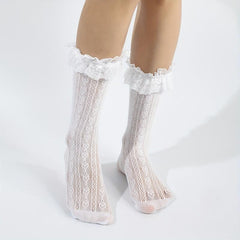 Heart Pattern Calf Socks Ruffle Mesh Knee High Stockings