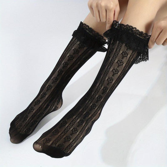 Heart Pattern Calf Socks Ruffle Mesh Knee High Stockings