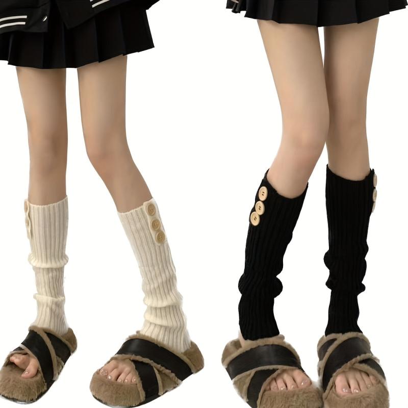 Ribbed Knit Leg Warmers Button Decor Knee High Socks Women's Stockings