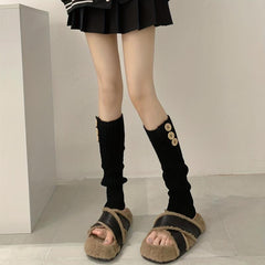 Ribbed Knit Leg Warmers Button Decor Knee High Socks Women's Stockings