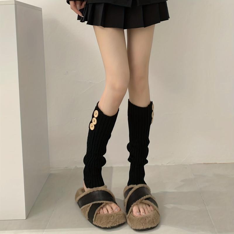 Ribbed Knit Leg Warmers Button Decor Knee High Socks Women's Stockings