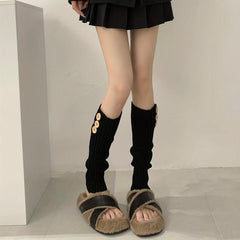 Ribbed Knit Leg Warmers Button Decor Knee High Socks Women's Stockings