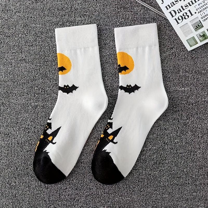 5 Pairs Skull & Bat Print Socks, Comfy & Funny Halloween Women's Stockings