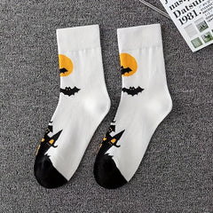 5 Pairs Skull & Bat Print Socks, Comfy & Funny Halloween Women's Stockings
