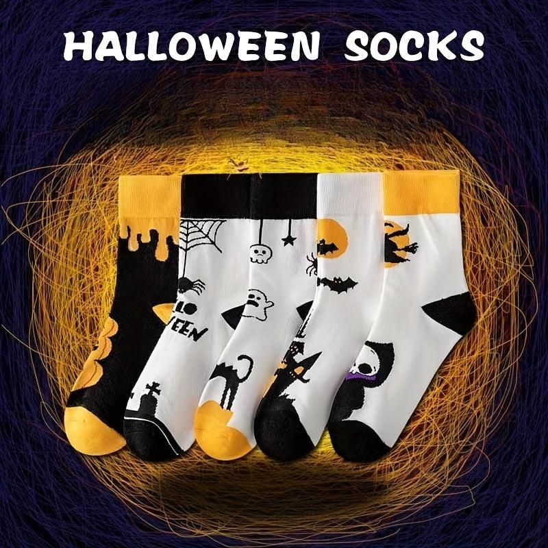 5 Pairs Skull & Bat Print Socks, Comfy & Funny Halloween Women's Stockings