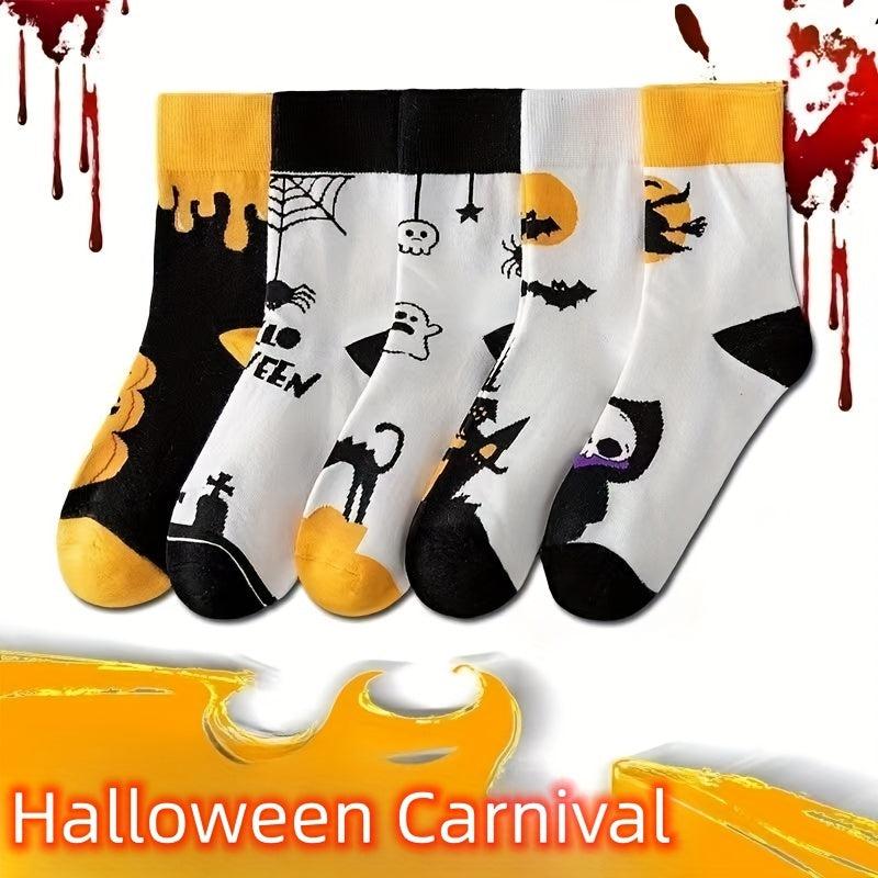 5 Pairs Skull & Bat Print Socks, Comfy & Funny Halloween Women's Stockings
