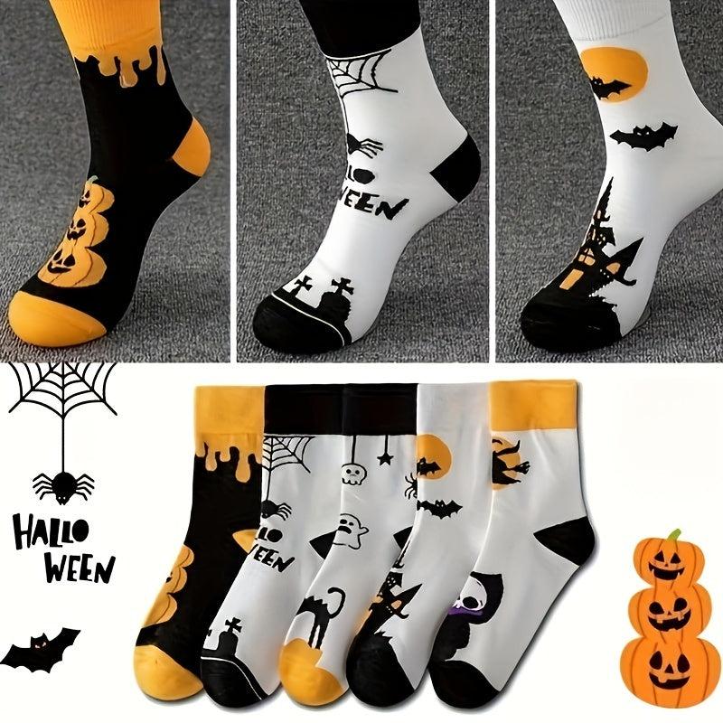 5 Pairs Skull & Bat Print Socks, Comfy & Funny Halloween Women's Stockings