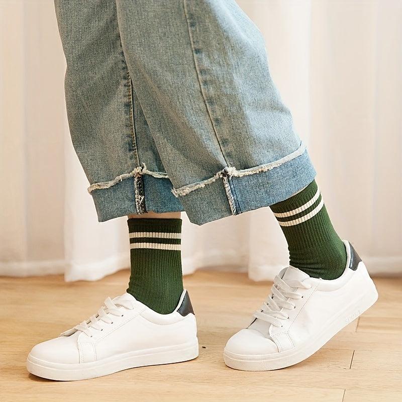 6 Pairs Striped Sports Socks - Comfy & Breathable College Style Socks