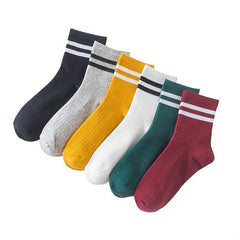 6 Pairs Striped Sports Socks - Comfy & Breathable College Style Socks