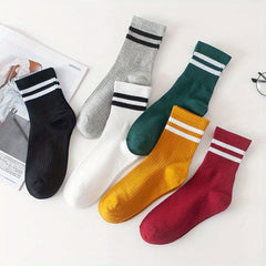 6 Pairs Striped Sports Socks - Comfy & Breathable College Style Socks