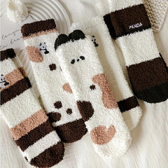 5 Pairs Stripe & Panda Fuzzy Socks Warm Mid Tube Stockings