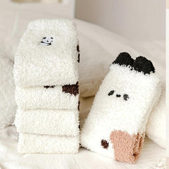 5 Pairs Stripe & Panda Fuzzy Socks Warm Mid Tube Stockings