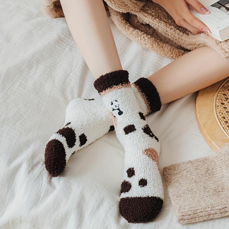 5 Pairs Stripe & Panda Fuzzy Socks Warm Mid Tube Stockings