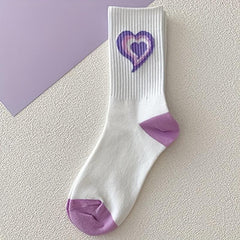 7 Pairs Heart Print Socks Women's Mid Tube Stockings