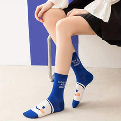 5 Pairs Smiling Face Print Socks College Style Soft & Mid Tube Socks