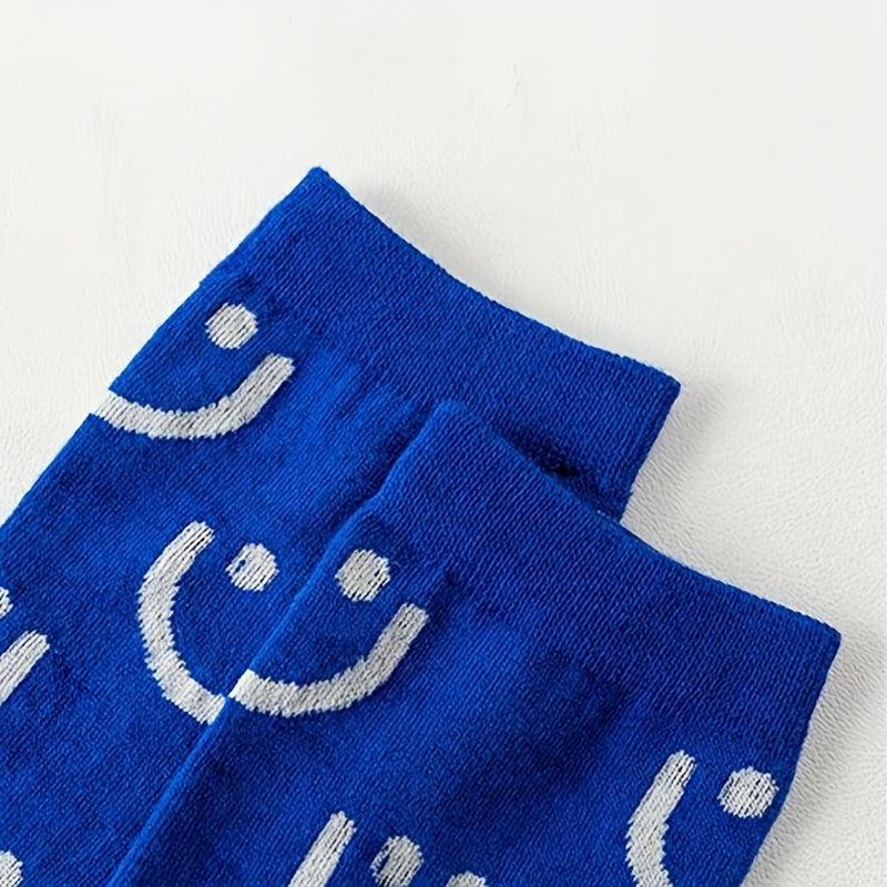5 Pairs Smiling Face Print Socks College Style Soft & Mid Tube Socks