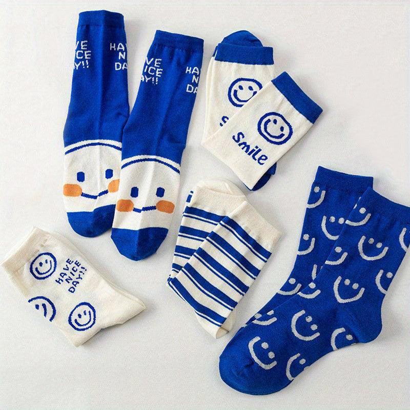 5 Pairs Smiling Face Print Socks College Style Soft & Mid Tube Socks