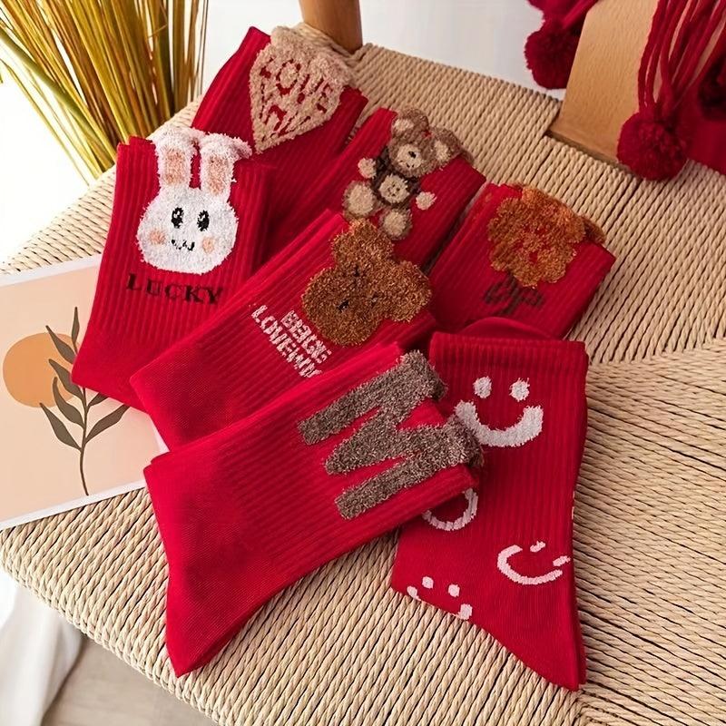 7 Pairs Cartoon Pattern Socks for Women, Comfy & Mid Tube Stockings