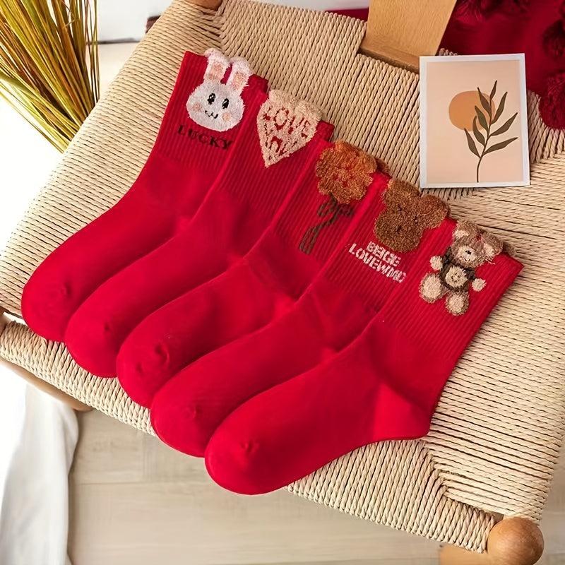 7 Pairs Cartoon Pattern Socks for Women, Comfy & Mid Tube Stockings