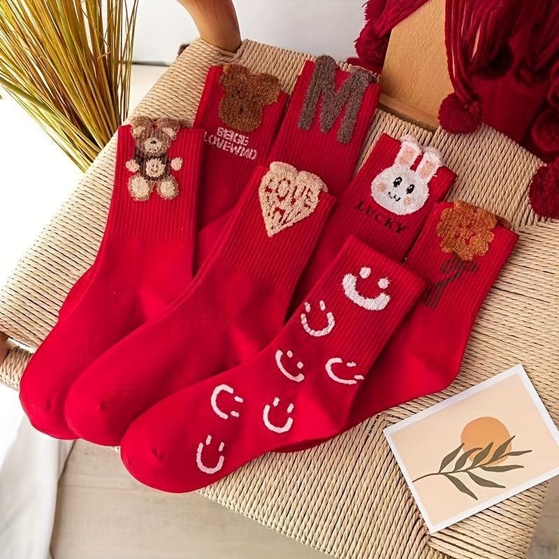 7 Pairs Cartoon Pattern Socks for Women, Comfy & Mid Tube Stockings