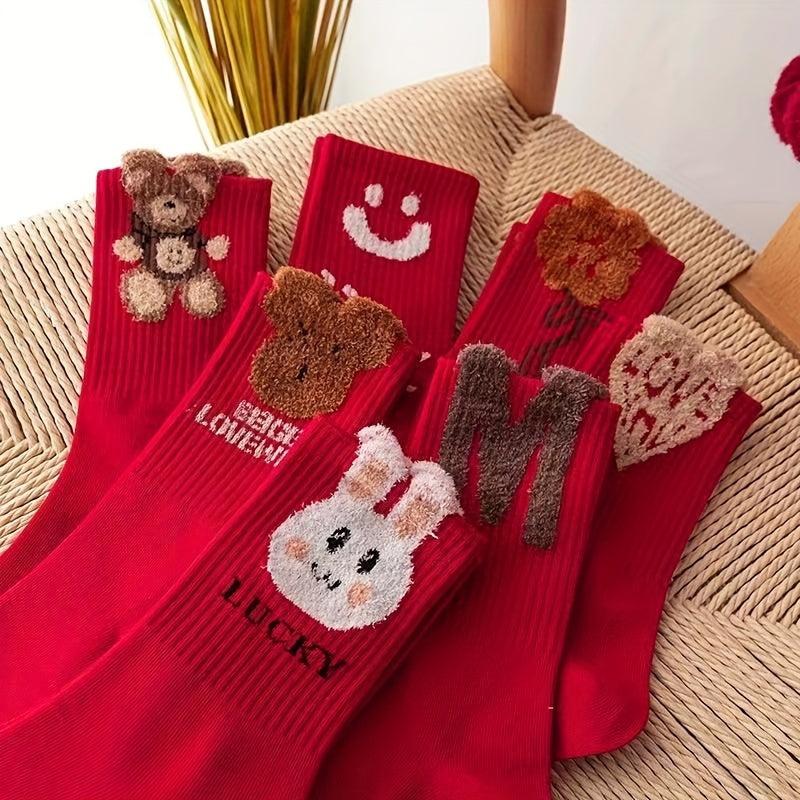 7 Pairs Cartoon Pattern Socks for Women, Comfy & Mid Tube Stockings