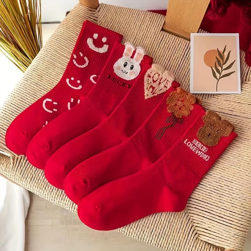 7 Pairs Cartoon Pattern Socks for Women, Comfy & Mid Tube Stockings