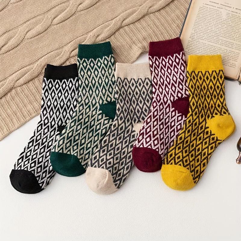 5 Pairs Geometric Pattern Crew Socks Women's Stockings
